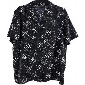 Impressions Black and White Polka Dot Short Sleeve Button-Up Shirt Size L